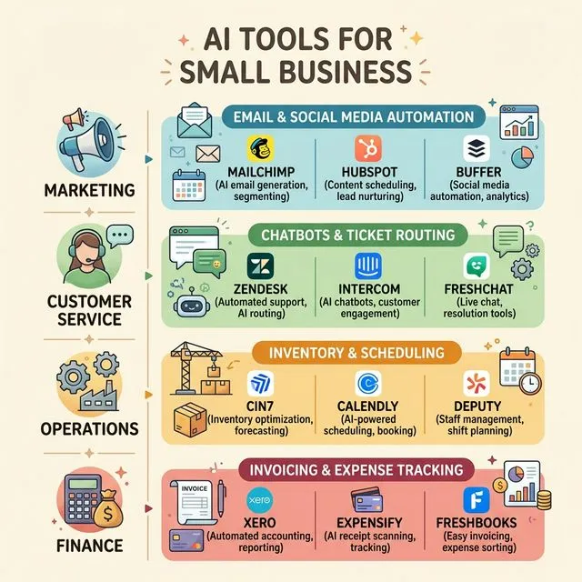 Infographic showing AI tools for small business across Marketing, Customer Service, Operations, and Finance
