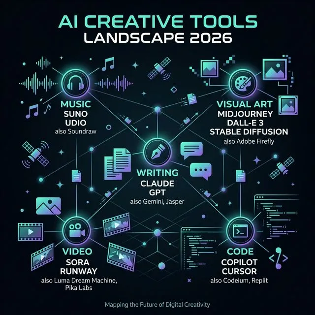AI Creative Tools Landscape 2026 showing major tools across music, visual art, writing, video, and code