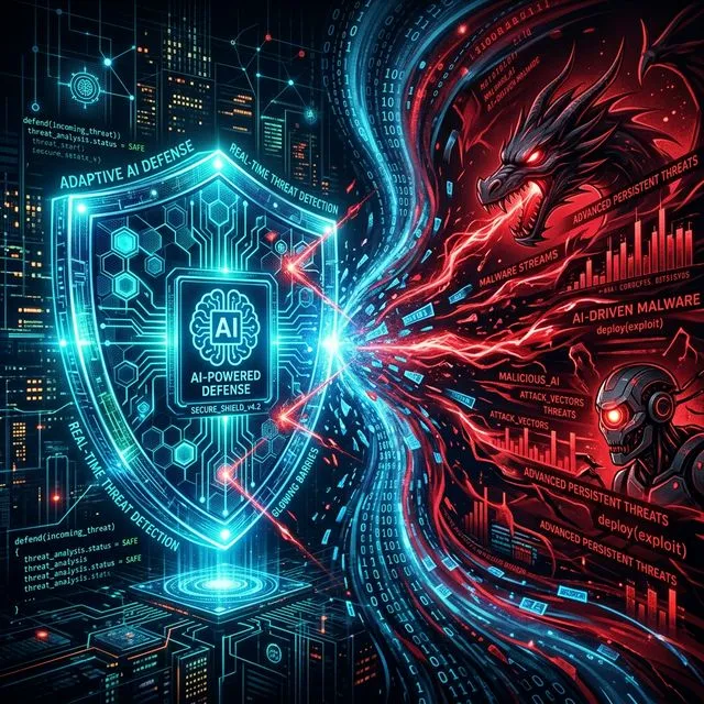 Dynamic illustration showing AI-powered cyber defenses battling against AI-driven threats