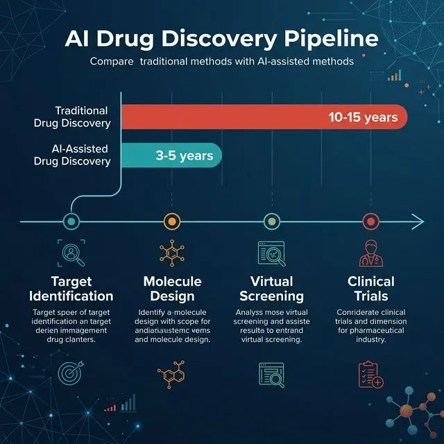 Infographic comparing traditional drug discovery timeline of 10-15 years with AI-assisted timeline of 3-5 years
