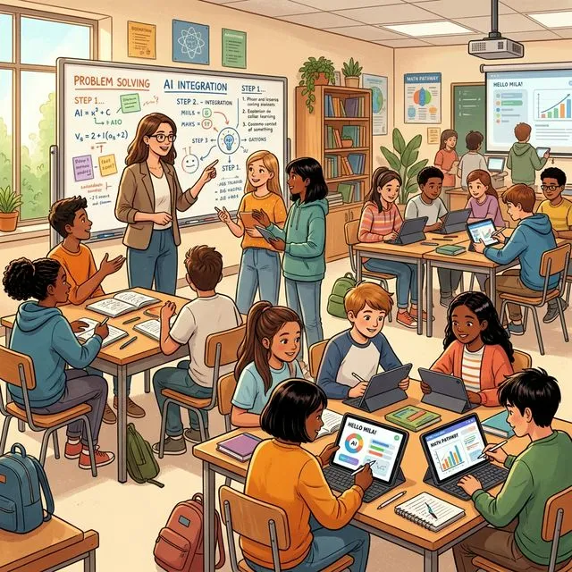 Modern classroom blending traditional teaching with AI-powered personalized learning tools