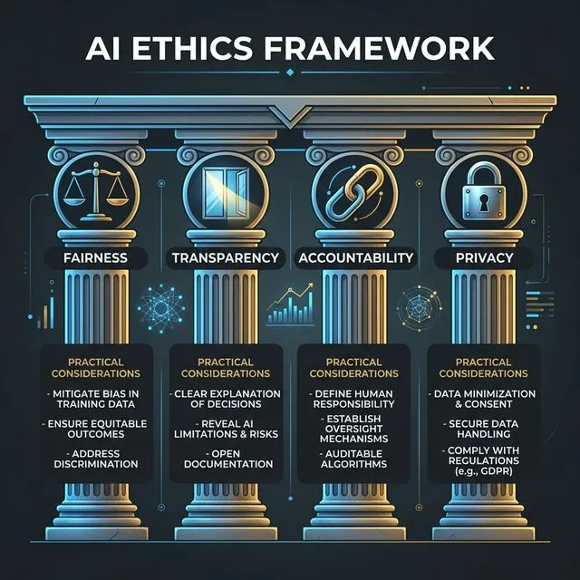 AI Ethics Framework showing four pillars: Fairness, Transparency, Accountability, and Privacy