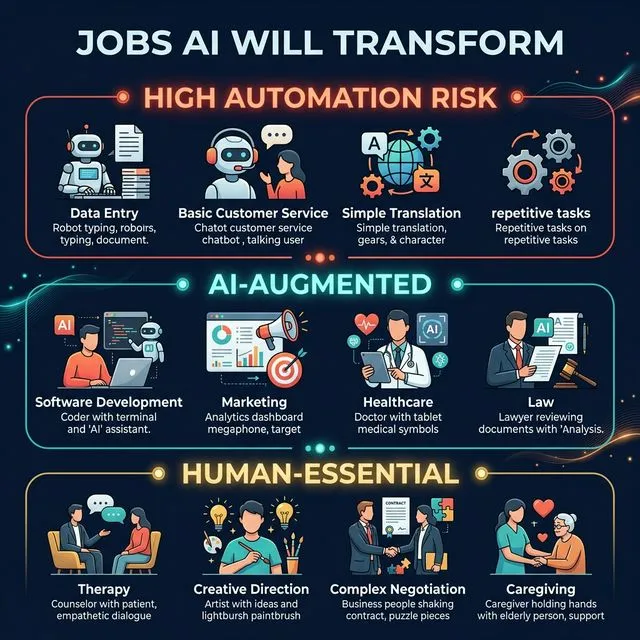 Infographic showing three tiers of jobs: High Automation Risk, AI-Augmented, and Human-Essential