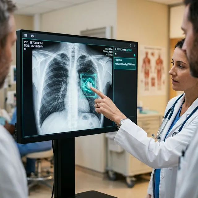 Doctor reviewing an AI-assisted chest X-ray with highlighted potential anomalies