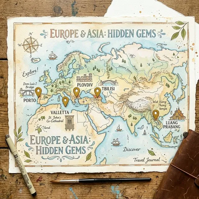 Watercolor-style illustrated map showing hidden gem cities across Europe and Asia