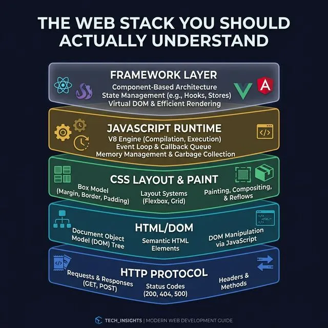 Layered diagram showing the web stack: HTTP Protocol, HTML/DOM, CSS Layout, JavaScript Runtime, and Framework Layer