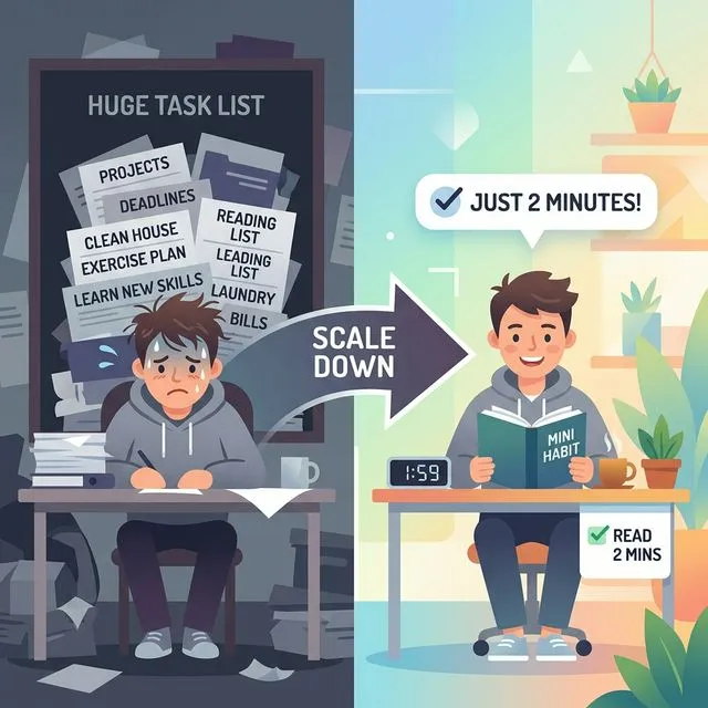 Illustration showing the two-minute rule: scaling down overwhelming tasks to tiny, manageable ones