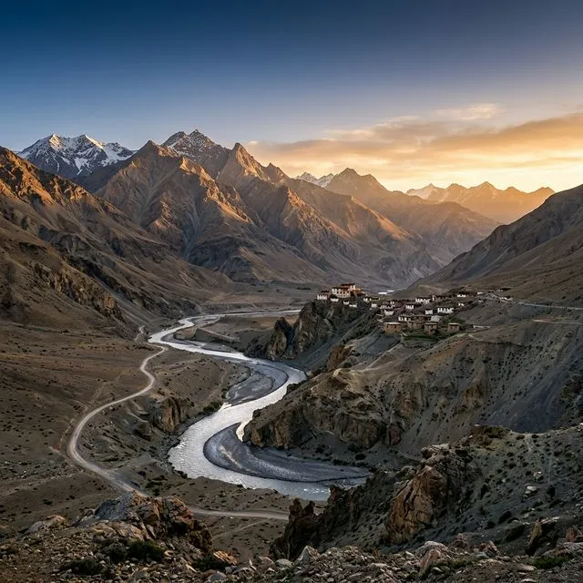 Dawn breaking over the dramatic barren landscape of Spiti Valley with a winding river below
